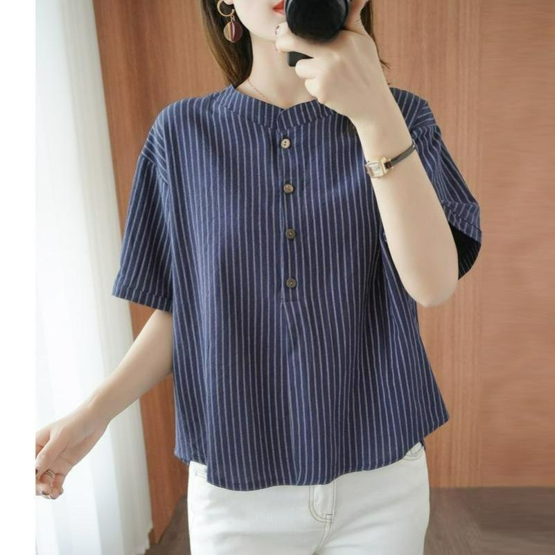 Cotton Short-sleeved T-shirt Women's Vertical Stripes Imitation Cotton and Linen Summer Loose and Thin Half-sleeved Shirt Trend