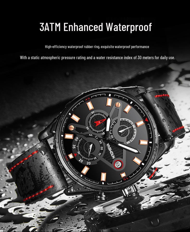 YASHIDUN Men's Multifunctional Luminous Waterproof Leather Watch
