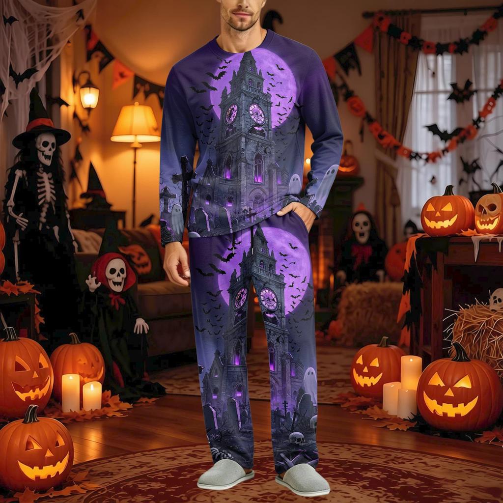 Men's Halloween Pajama Set Long Sleeve with Button Fly and Elastic Waist Drawstring for Sleepwear