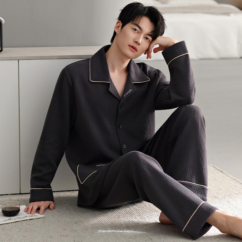 Herren-Pyjama für Frühling und Herbst, dick gefüttert, aus reiner Baumwolle, langärmelig, atmungsaktive Baumwollzwischenlage, hochwertige, dünn wattierte Baumwoll-Homewear für Herbst und Winter
