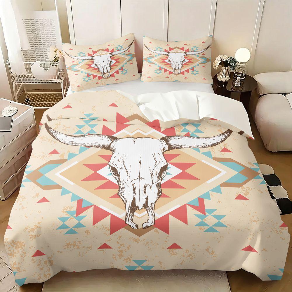2/3Pcs Western Bull Skull Print Duvet Cover Set (1 Duvet Cover & 1/2 Pillowcase) Boho Tribal Bedding Set For Bedroom Decor