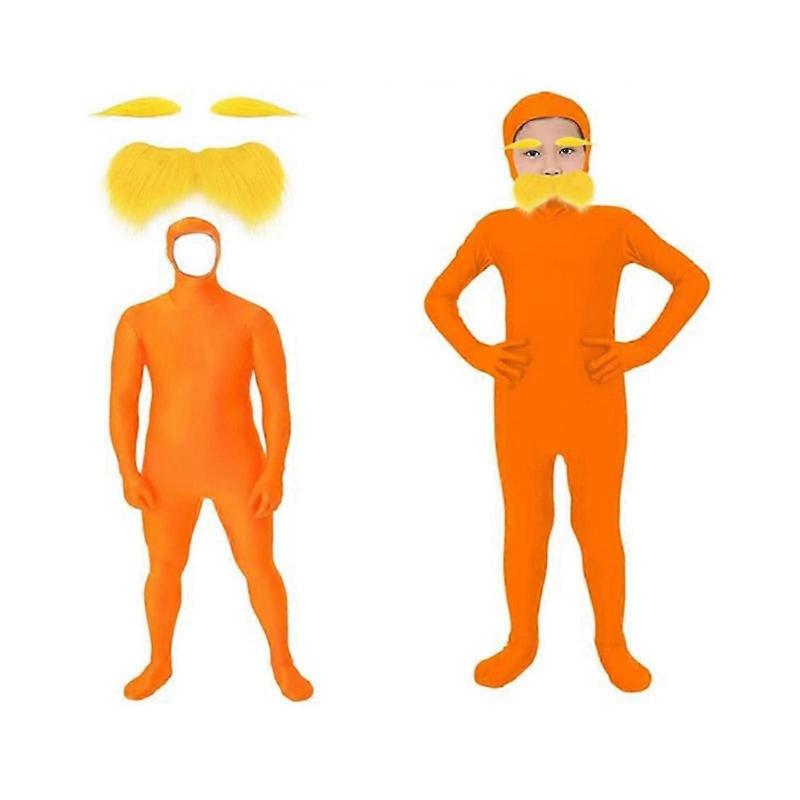 3Pcs Tangerine Costume Accessories Set for World Book Day Outfits with Fake Mustache Beard and Yellow Eyebrows Open Face Bodysuit