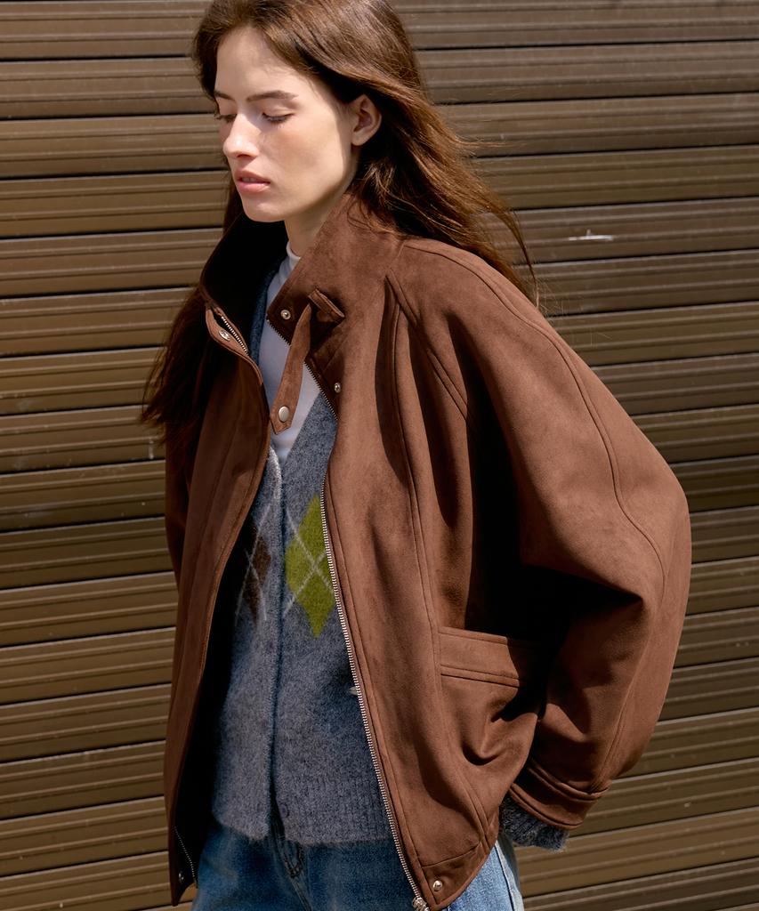 OURHOPE Curved High-Neck Suede Jacket - Brown