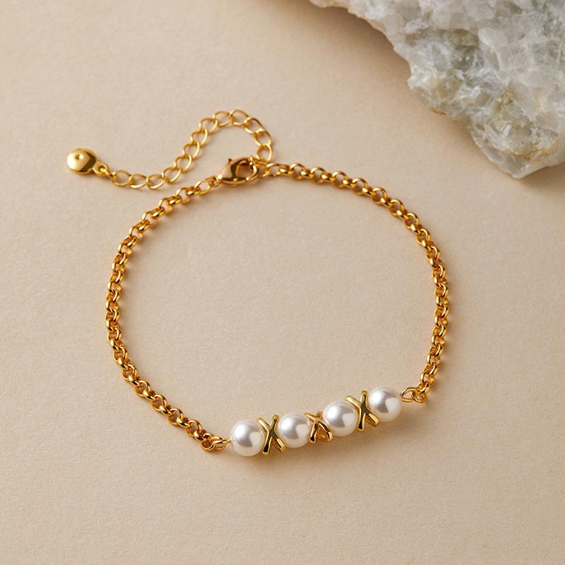 Gold Plated Pearl and X Spacer Bead Chain Bracelet