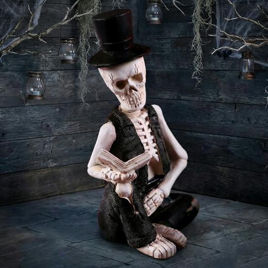 Small Reading Gentleman Skull Figurine Halloween Sitting Skeleton Statue with Top Hat And Suit for Gothic Living Room Table Shelf Indoor Decor