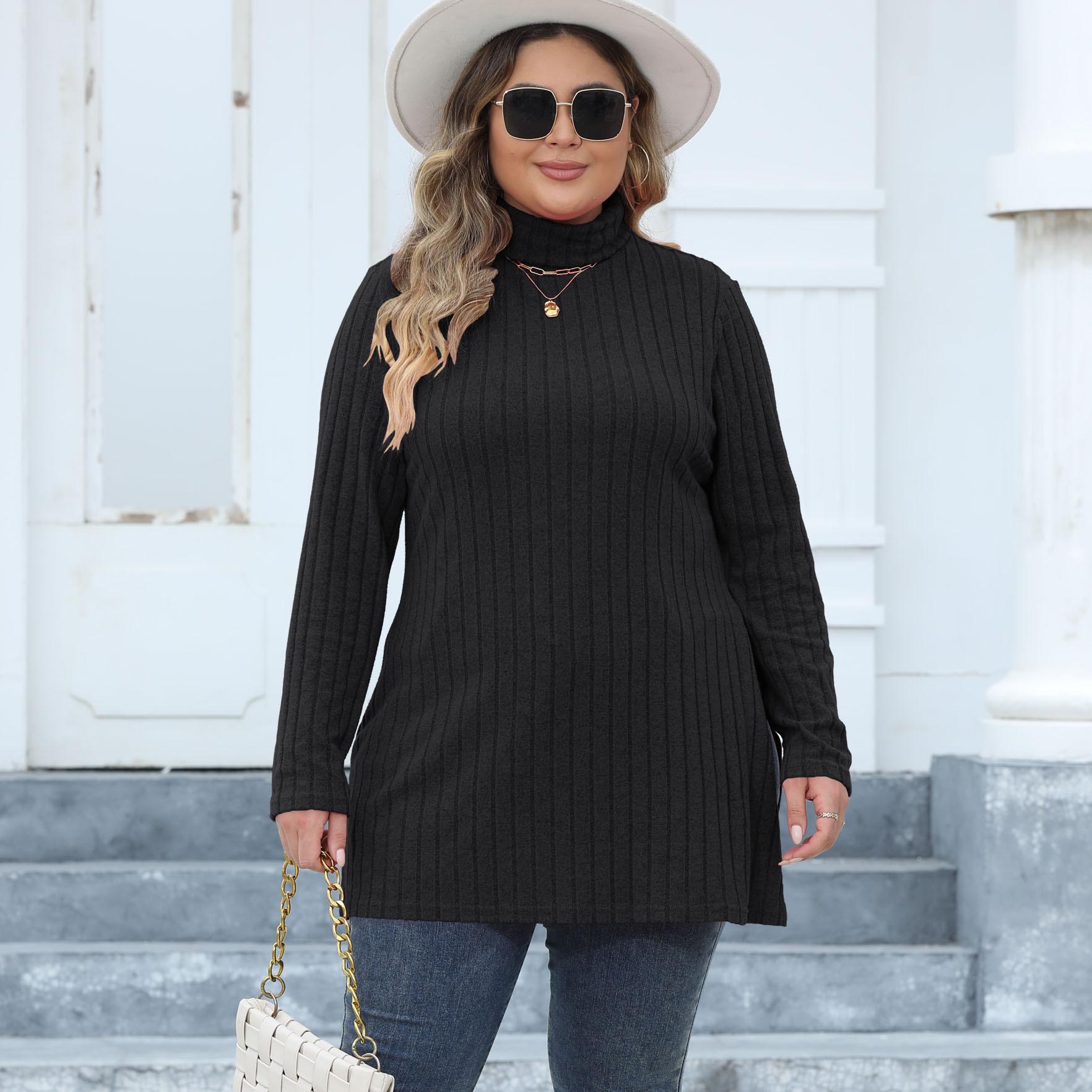 

Новинка 2024 года, толстовки больших размеров, женские весенние пуловеры больших размеров с разрезом для полных женщин, полосатые футболки с высоким воротником и длинными рукавами, женские однотонные топы 0XL чёрный