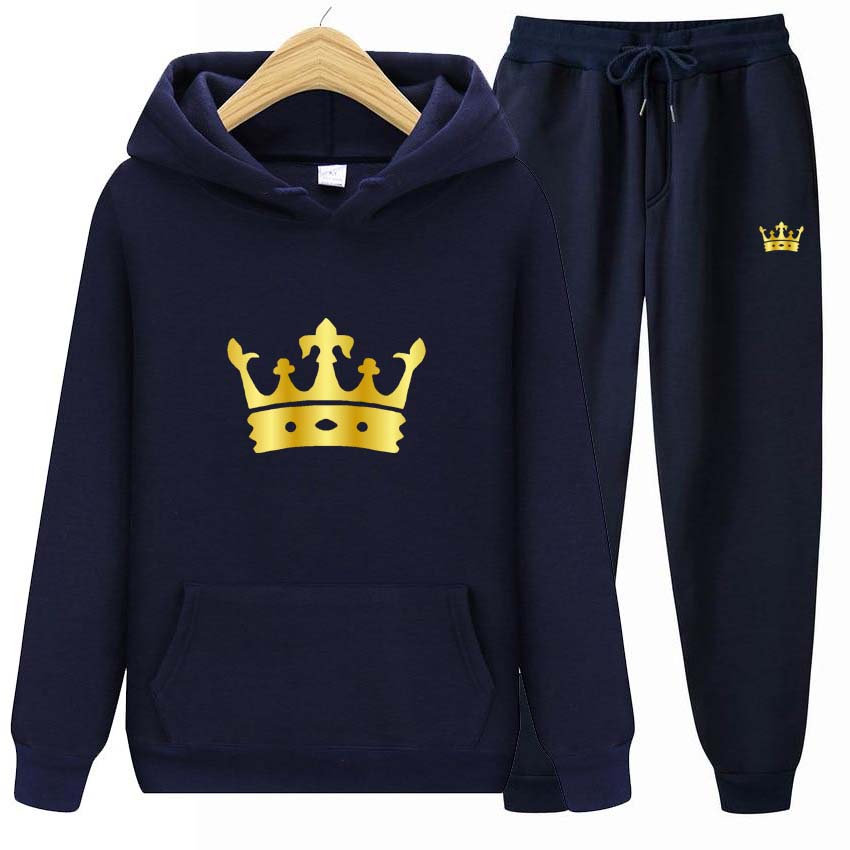 Men Tracksuits Set Spring Autumn Crown Print Sweatshirt Long Sleeve Hooded Pullover Sweatshirt Top Jacket Coat
