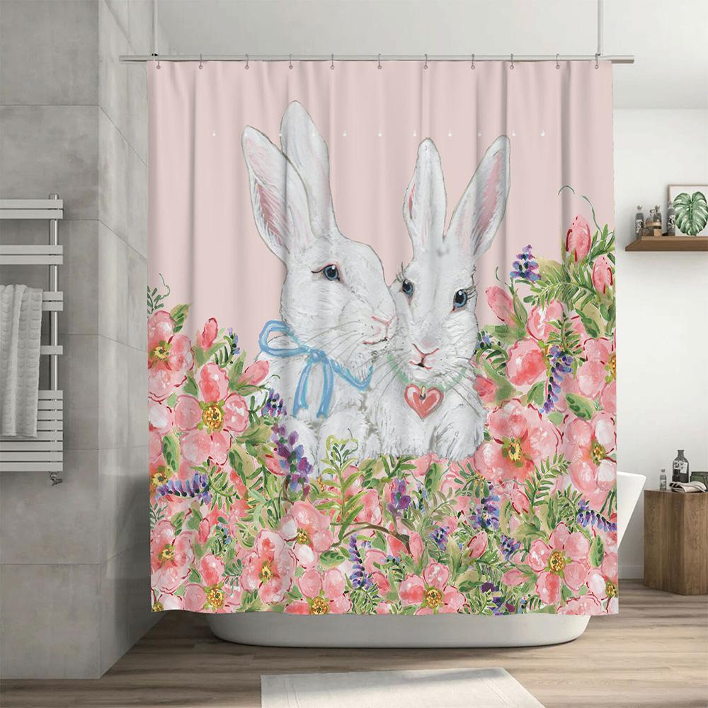 GAERomantic Bunny Bliss: Adorable Rabbits with Floral Design Shower Curtain for a Sweet and Cozy Bathroom Décor