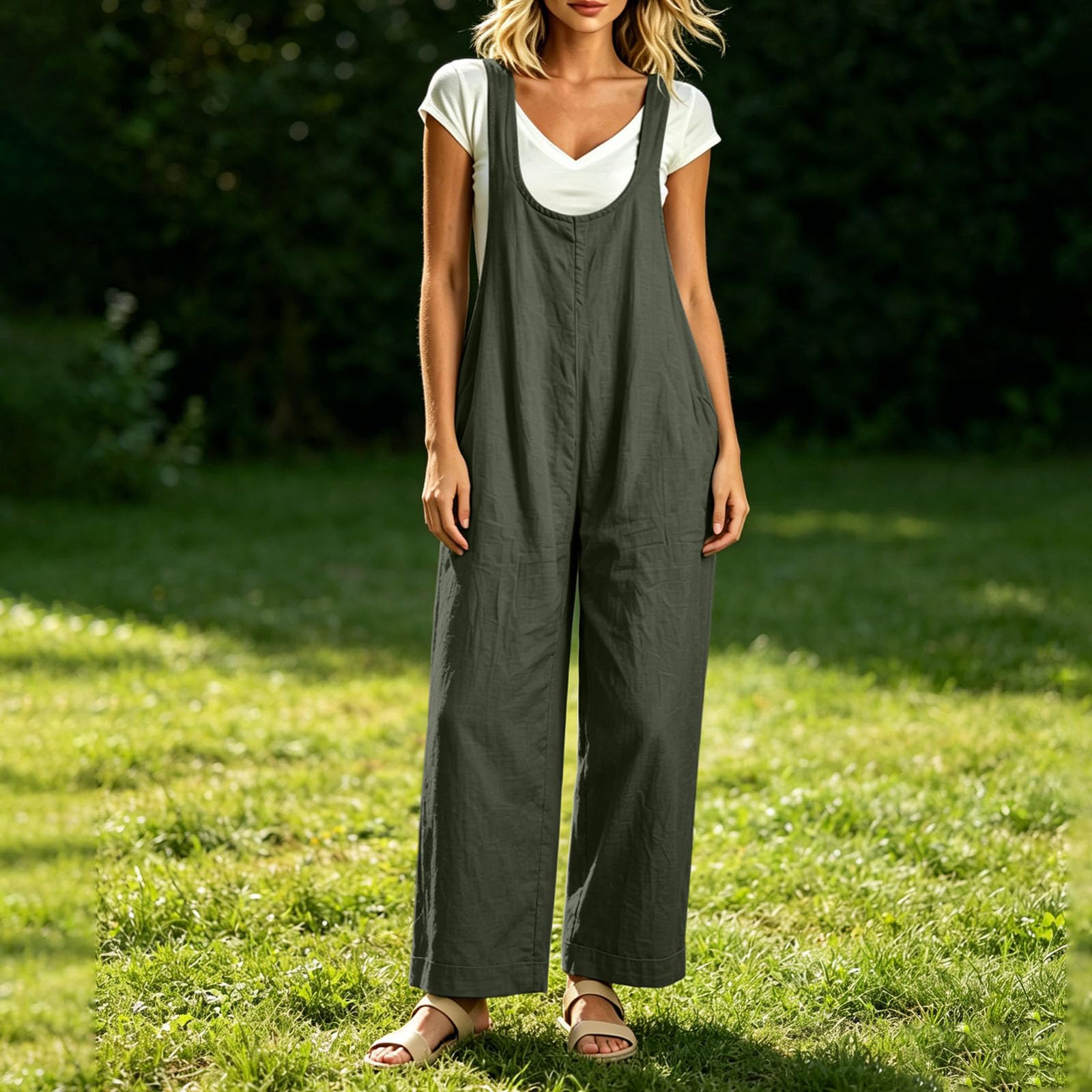 Women s Casual Sleeveless Loose Fit Wide Leg Jumpsuit with Pockets for Everyday Wear L