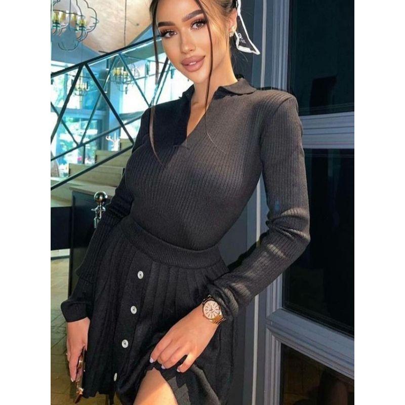 European and American Sexy Pleated Autumn Silm Long Sleeves Open Collar T-shirt Skirt Knitted Two-Piece Knitted Suit