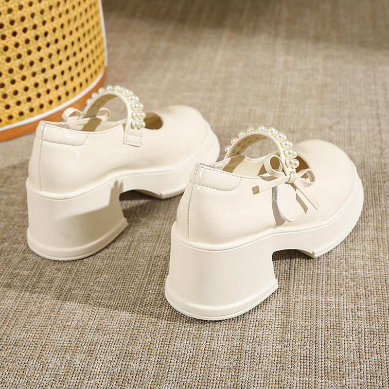 Fashion Vintage High Heels Mary Jane Shoes for Women 2025 Patent Leather Platform Pumps Woman Pearls Thick-Heeled Shoes Female