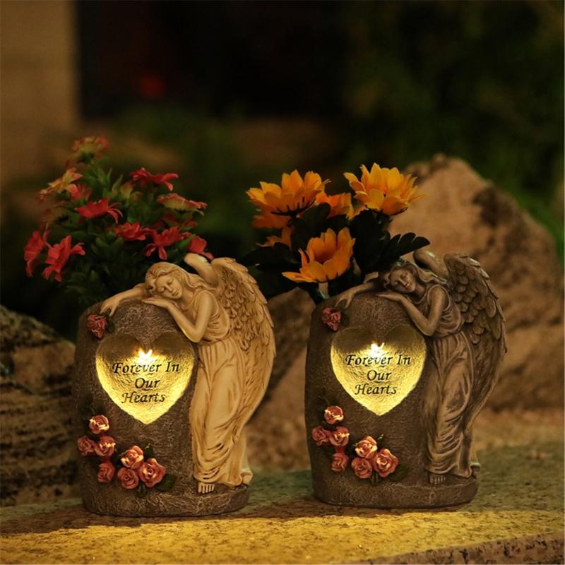 Harts Solcellsdriven Ängelfigur Vas med Markspikar Utomhus Minnesmärken Trädgård Kyrkogård Dekoration Prydnad Gåva