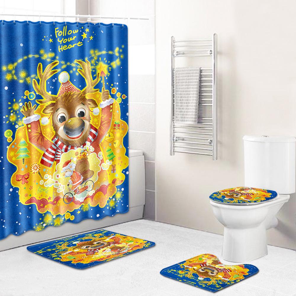 Christmas Shower Curtain Floor Mat Combination Four-Piece Set Bathroom Toilet Carpet Shower Room Mat Foot Mat