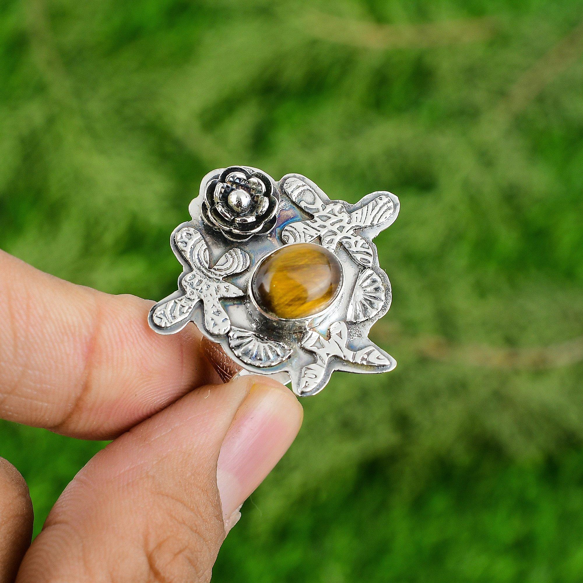 

Gift For Her Natural TigerS Eye Solitaire Flower Adjustable Ring 925 Silver Adjustable