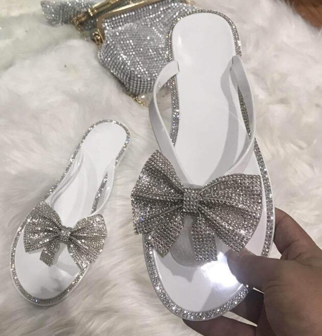 2024 flat sandals ms Spring/summer new large size flip flops women bow knot rhinestones outdoor leisure beach slippers 36-42
