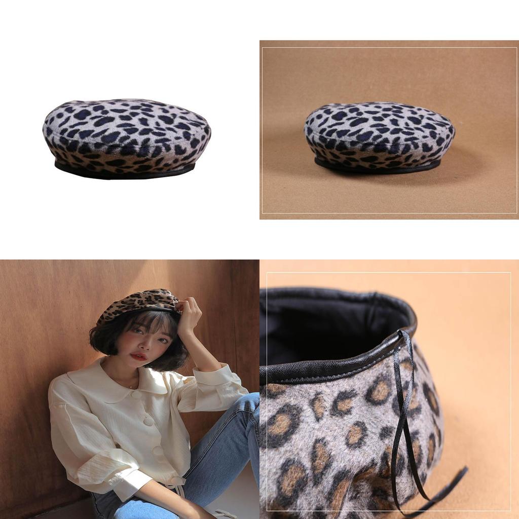 Damen Vintage Leopardenmuster Wolle Weich Winter Warm Baskenmütze Klassische Beanie Mütze