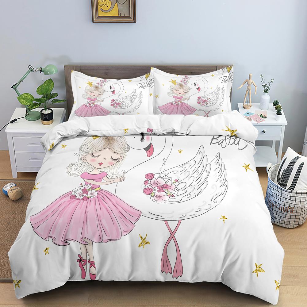 Ballet Dancer Girl Duvet Cover Set White Princess Bedding Set Cute Cartoon Bedclothes Queen King Size Polyester Comforter Cover