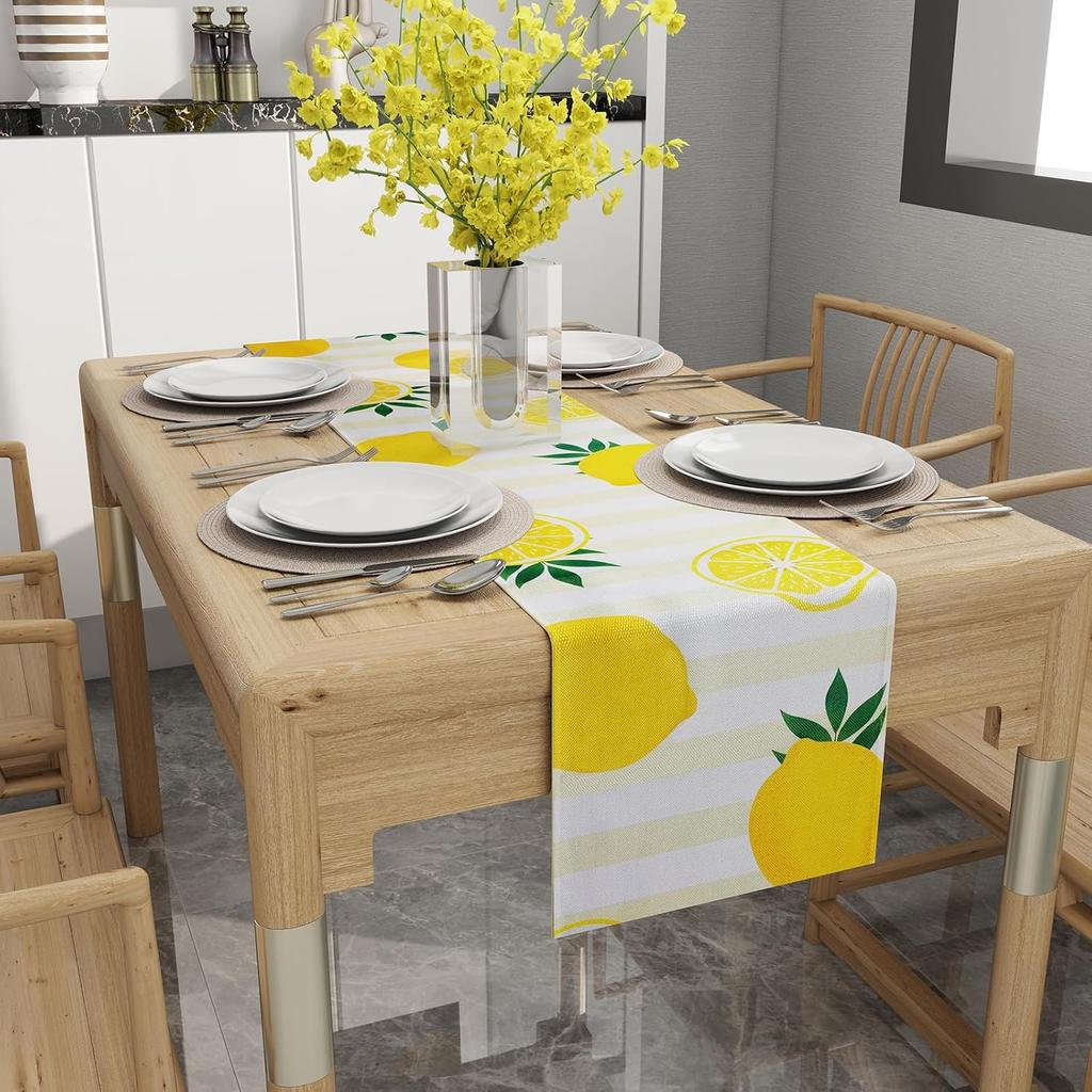 Lemon Table Runner Kitchen Decor - Yellow and White Stripes Lemon Table Decorations Summer Spring Seasonal Home Decor for Dining Table Farmhouse