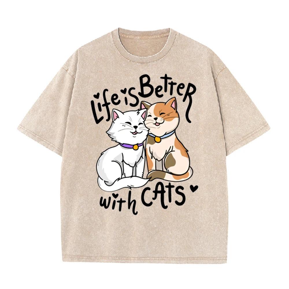 2026 Summer Unisex Life Is Better with Cats Graphic T Shirt Funny Valentines Day Soft Cotton Round Neck Loose Casual Streetwear