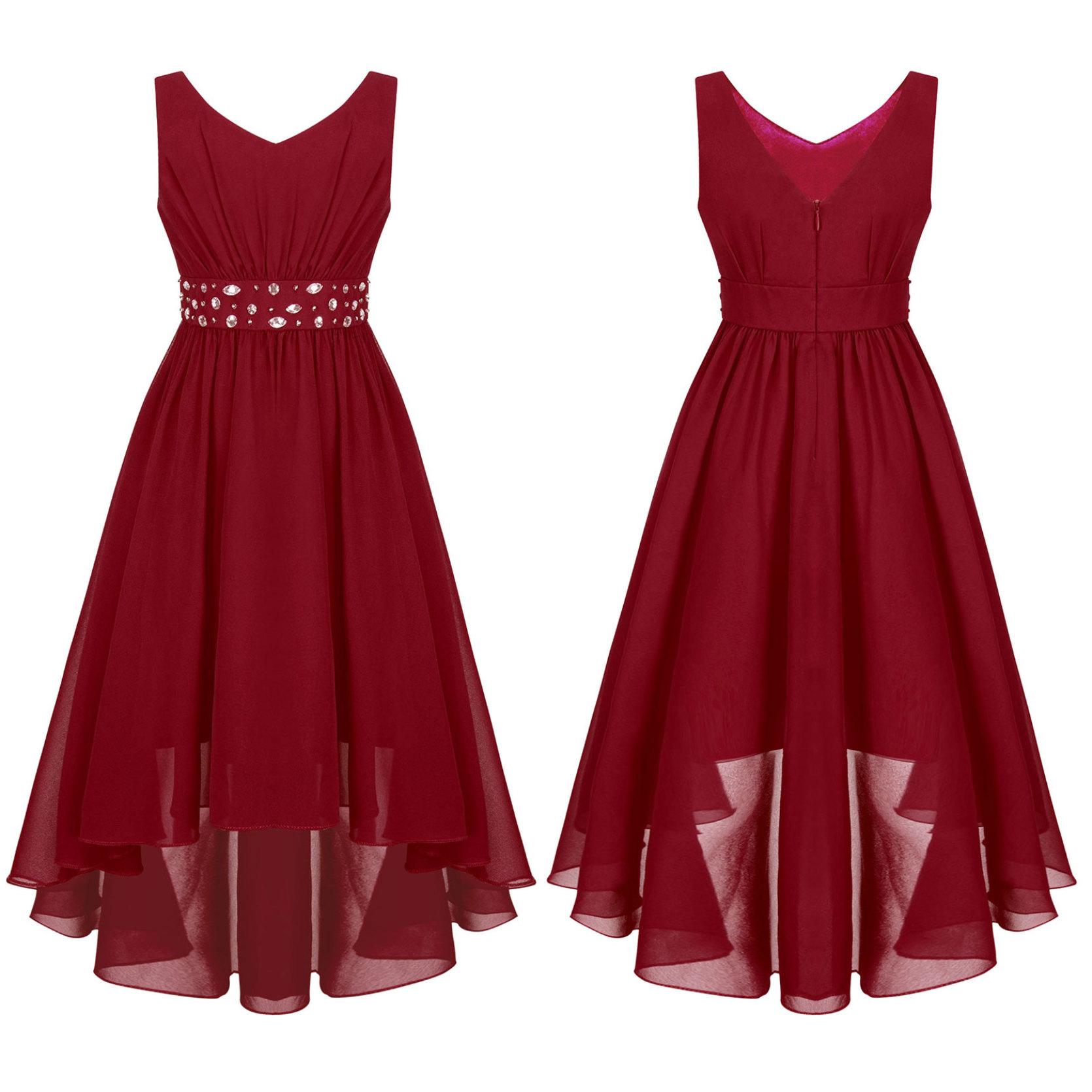 

Детское блестящее вечернее платье с бисером для девочек, шифоновое платье с v-образным вырезом и рукавами и высокой талией, высоким и низким подолом для вечерних девочек с цветочным узором 15-16 Years бордовый