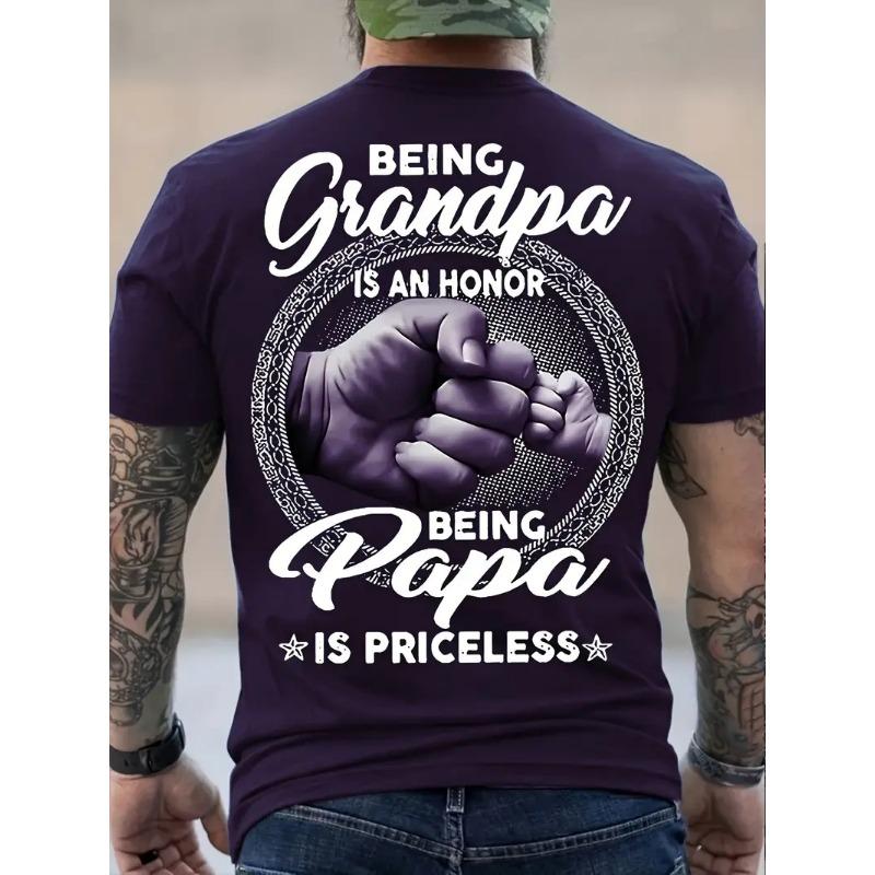 Men's Trendy T-shirt For Summer Outdoor, Casual "Being Grandpa Being Papa" Letter Print Slightly Stretch Crew Neck Tee Short
