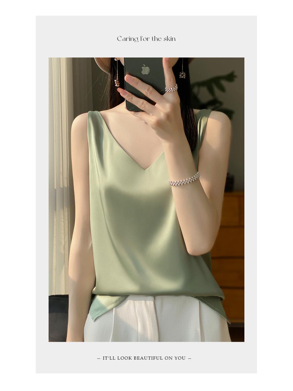 

Женская майка из искусственного шелка: Сатиновый V-образный вырез спереди, круглый вырез сзади, однотонный топ без рукавов для лета. XXL