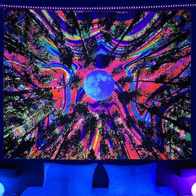 Trippy Planet Wandteppich, UV-reaktiv, Wasserfall, Landschaft, Raumdekoration, ästhetisch, psychedelisch, Wandbehang, Pilz, Gothic, Heimdekoration