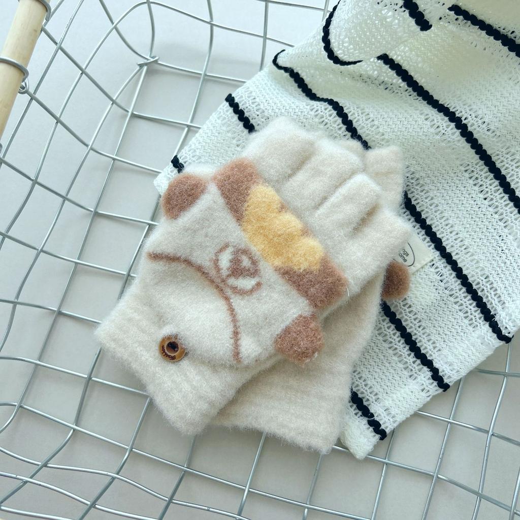 8-15 years old children's gloves cute cartoon cold-proof boys and girls knitted wool half-finger autumn and winter flip cover medium and old children