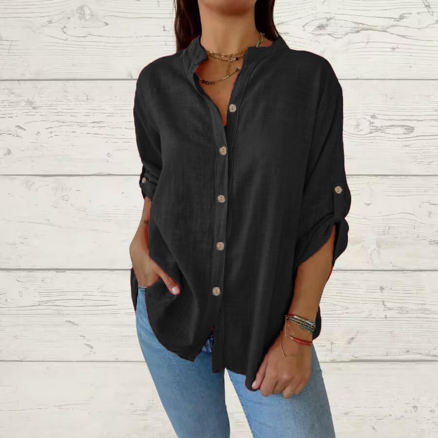 Spring and Summer Solid Color Foldable Sleeves Top V-neck Long Sleeved Casual Loose Women's Blouses & Shirts