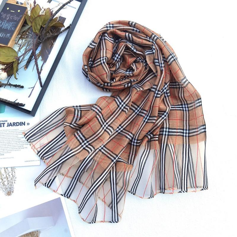 New Checkered Silk Scarf for Women, Solid Color Sunscreen Shawl Gold Thread Mulberry Silk Scarf for Women