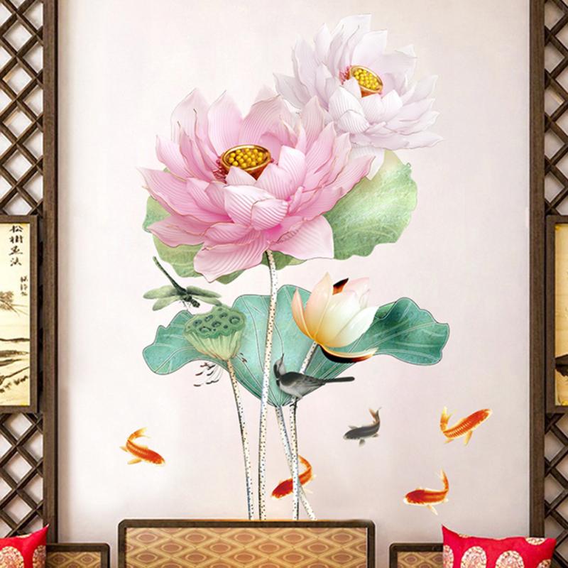 Pvc Lotus Carp Wall  Stickers Chinese Style Three-dimensional Vinyl Self-adhesive Wallpaper Bedroom