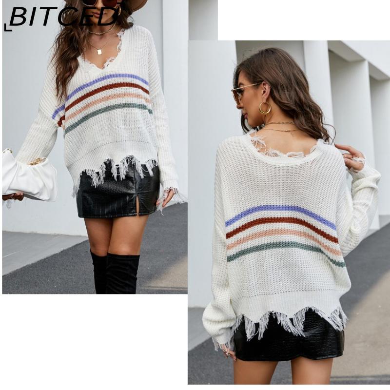 BITCED Women's Oversized Cropped V-Neck Sweater Women's Knit Sweater with Fringe for Fall/Winter