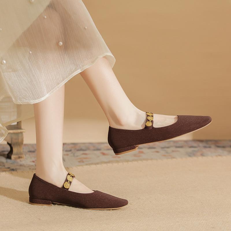 22309 Flat Shoes Women's Thick Heel New Square Head Word with Mary Jane Shoes Retro Shallow Mouth Matte Low Heel Single Shoes