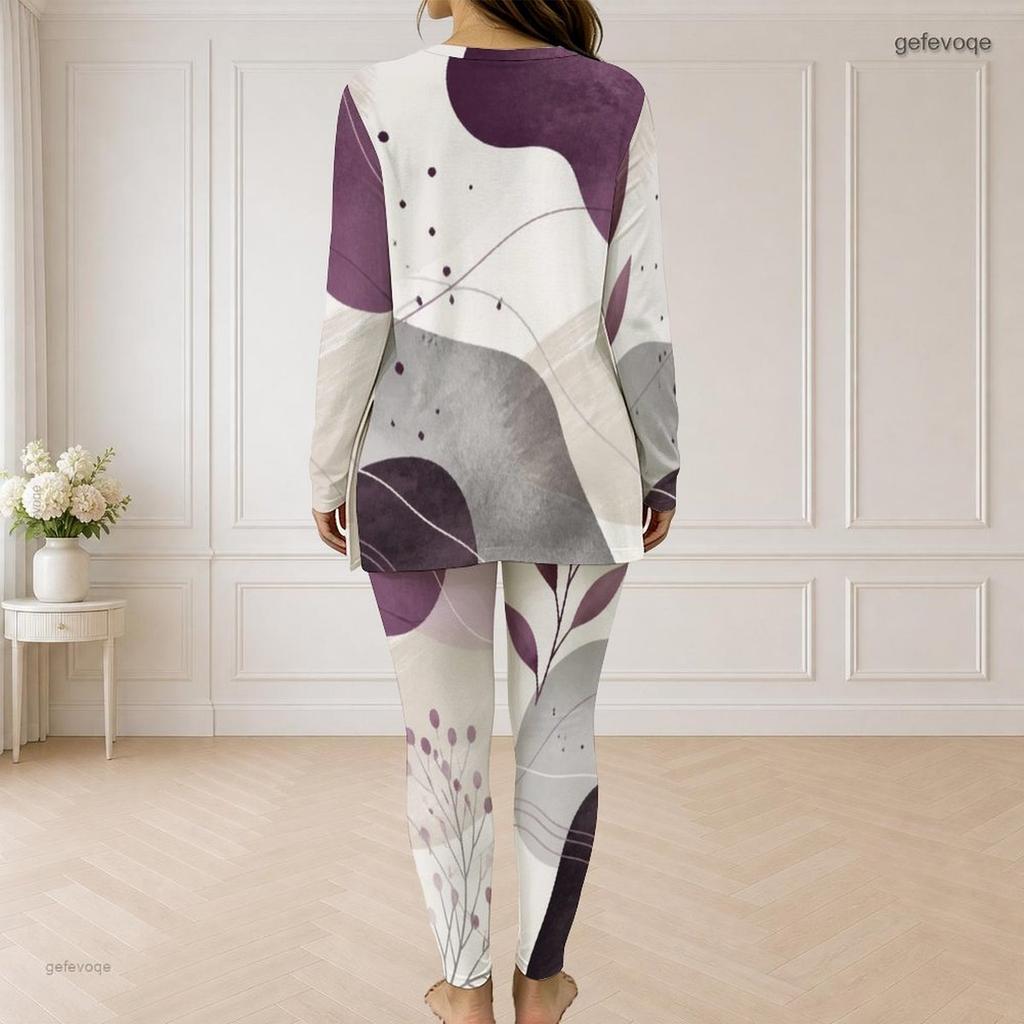 Women Plus Size Purple Gray White Printed Half Zip Long Sleeve Longline Top Fitted Pants Two Piece Set