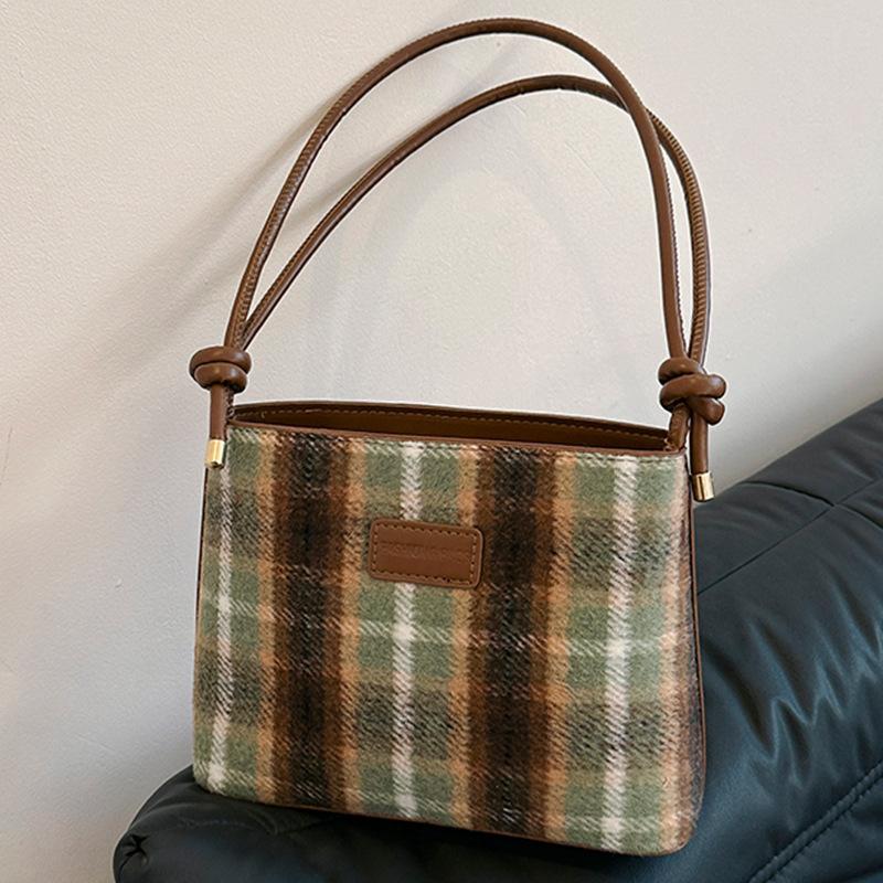 

Контрастная осенне-зимняя сумка-ведро из шерстяной ткани в клетку, женская сумка-ведро с нишевой текстурой, студенческая универсальная сумка через плечо зелёный