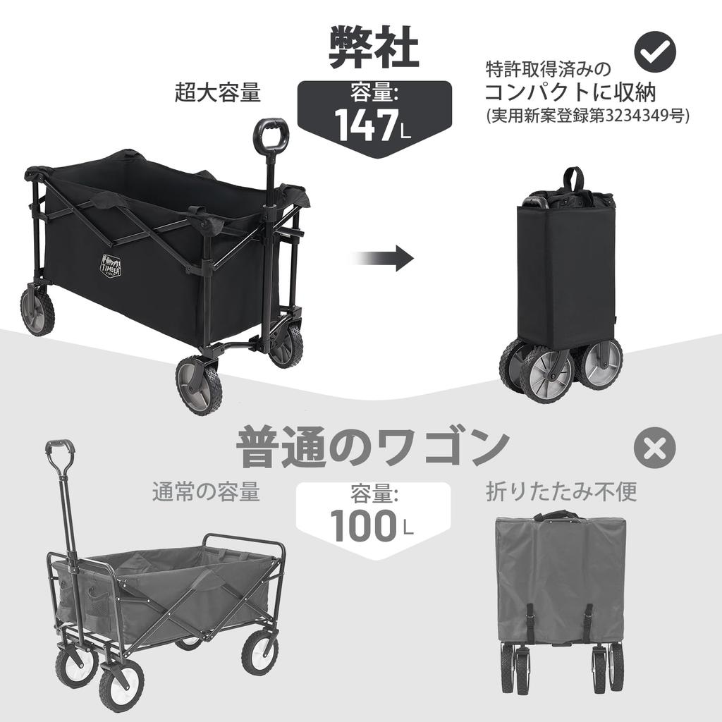TIMBER RIDGE Faltbarer Transportwagen Große Kapazität Patentiert Kompakt Freistehend 100kg Gewicht Outdoor Schwarz Wagen/Transportwagen, 147L, Design, Leichtgewicht,