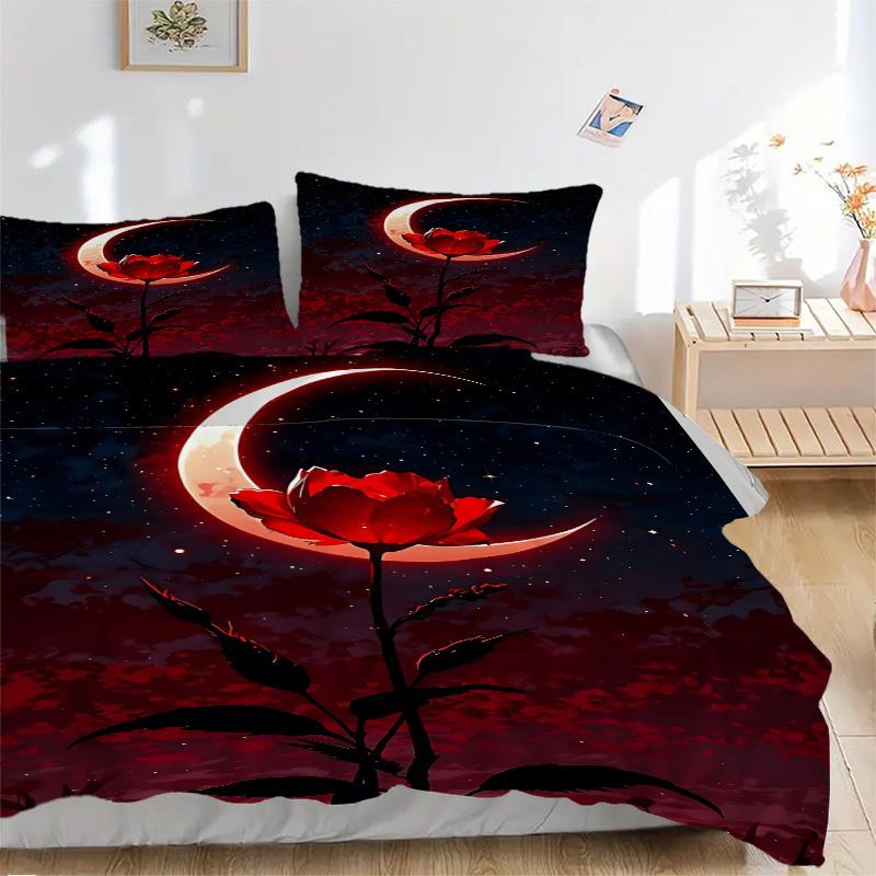3pc Moon Rose Cover Set - 1 Quilt Cover + 2 Pillowcases, All Seasons Bedroom Setting, Perfect for Home006