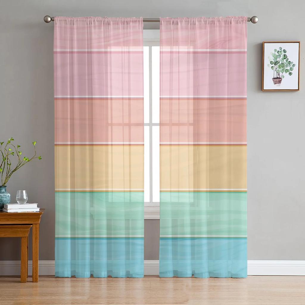 Candy Rainbow Stripes Translucent Drapes for Bedroom Space Living Room Decoration Window Opening Drape for Kitchen Area Tulle Voile Organza Curtains