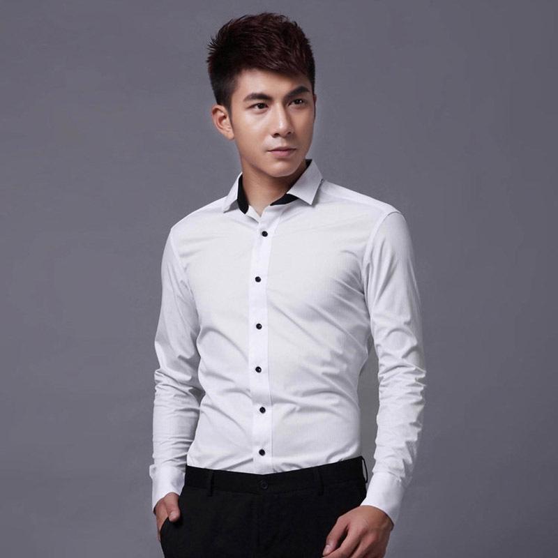 Herren Bügelfreies Slim Fit Langarm Arbeitshemd – Weiß Kleiner Kragen, Business Formal Koreanischer Stil