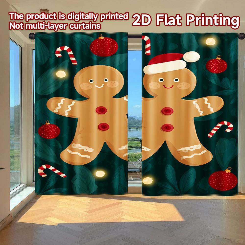 

Set Of 2 Flat Printing Curtains Without Rod Gingerbread Candy Christmas April Fools Is Day Holiday Prints Light Curtain Made Polyester W100*H70(CM)-Rod Pocket&1PCS