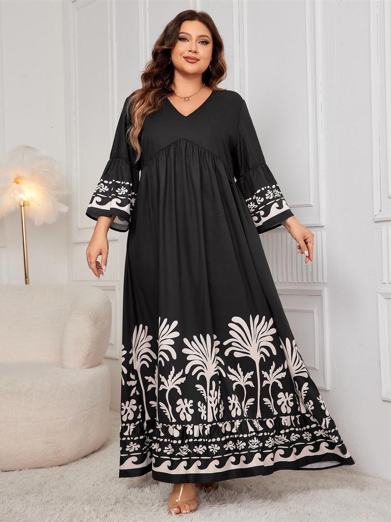 Elegant V-Neck Trumpet Sleeve Printed Long Dress for Women