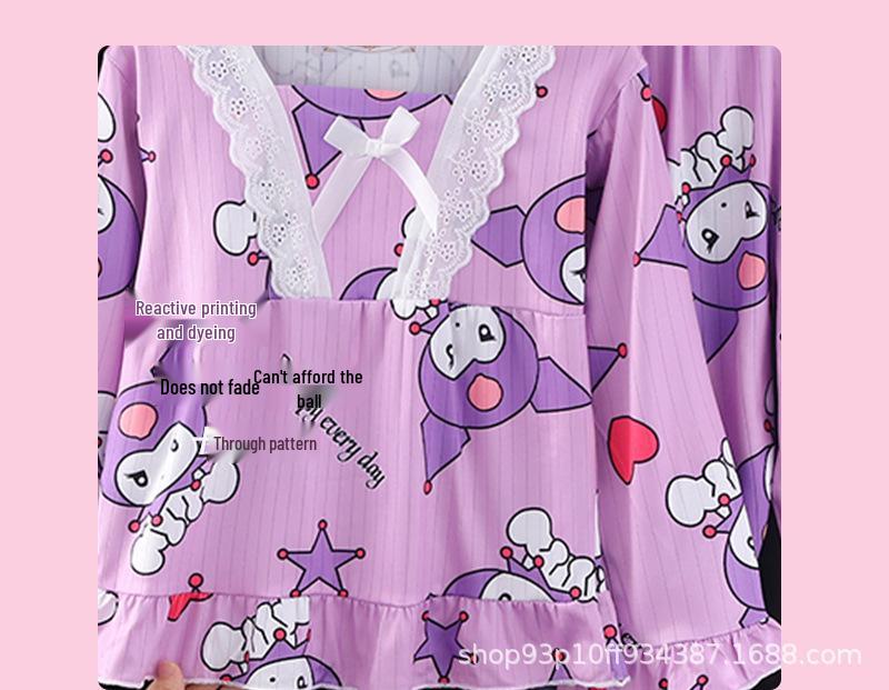 Kids' and Women's Spring Autumn Cartoon Pajama Set - Long Sleeve, Long Pants, KPOP Square Neck Homewear for Middle Large Child Girls