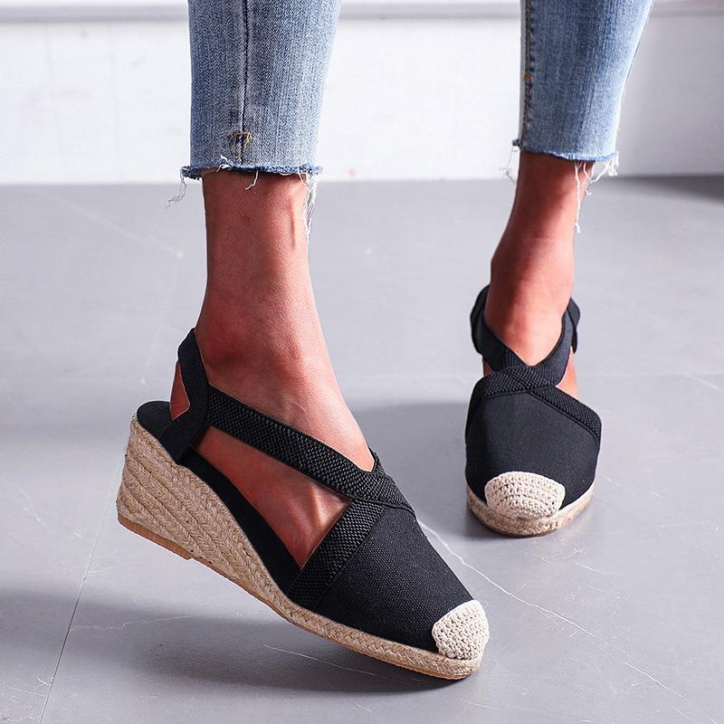 Spring and summer retro baotou straw woven wedge heel sandals cross strap platform high heel large size fisherman shoes