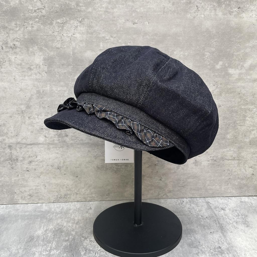 Medieval Retro Niche Design Lace High-End Denim Octagonal Hat Children'S Autumn Face Small Cloud Beret