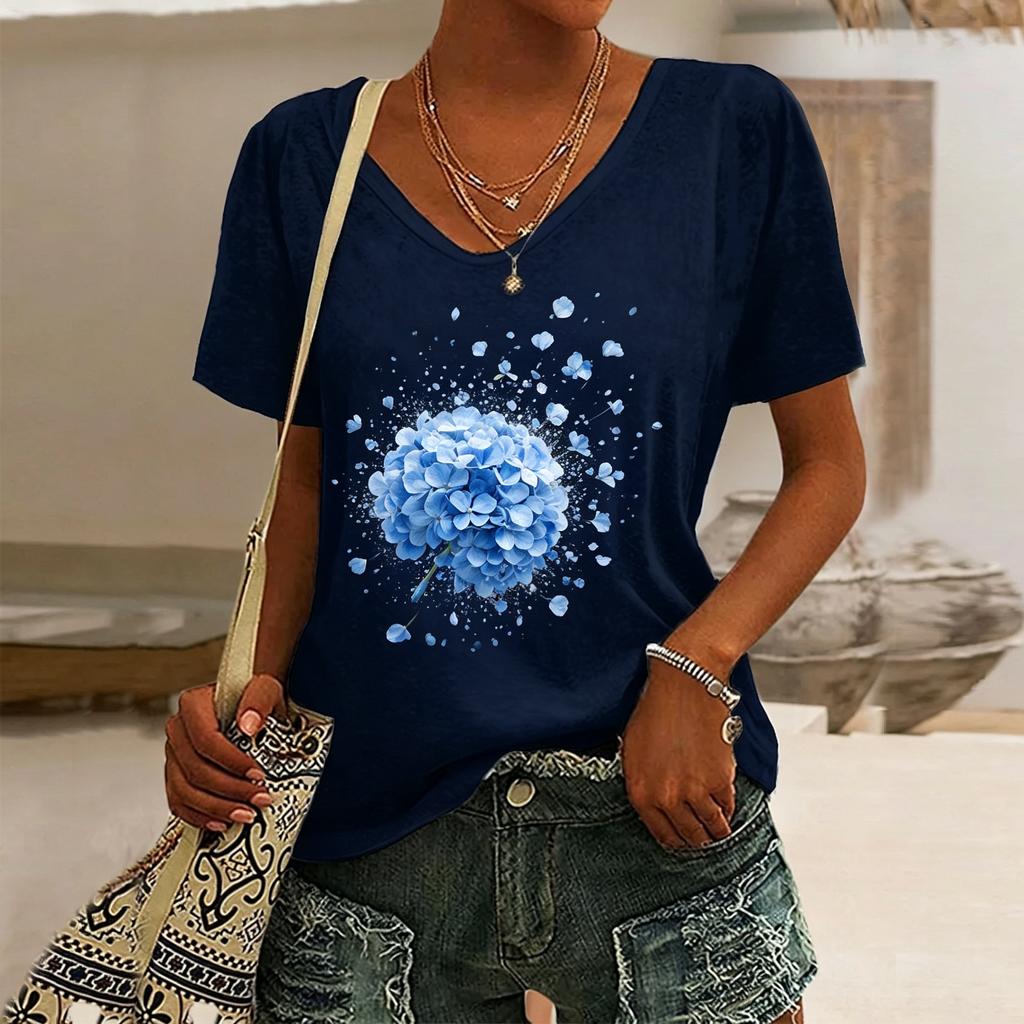 Women's Sunflower Print V-Neck T-Shirt, Casual Short Sleeve Tops,Bright Floral Daily Wear for Spring & Summer