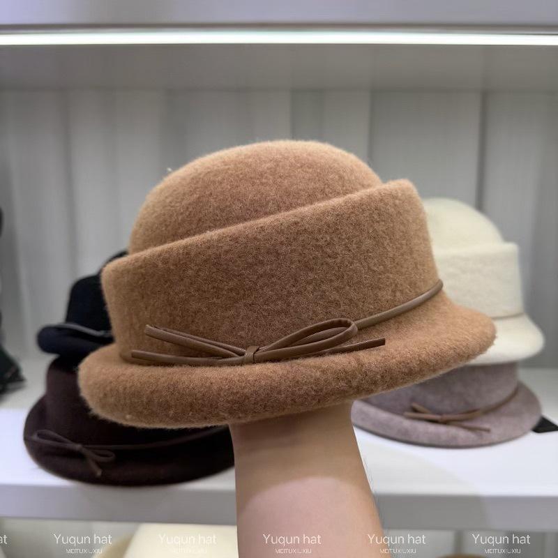 Qianjin wind concave top shape wool top hat women's autumn and winter bow crimped basin hat temperament fashion hat fisherman hat