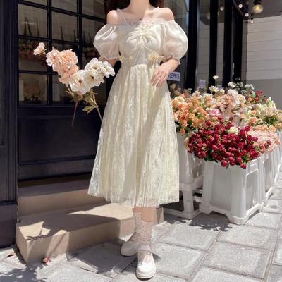 Sommer Gold Seide Schleife Spitze Kleid, Elegantes Puffärmel Trägerkleid