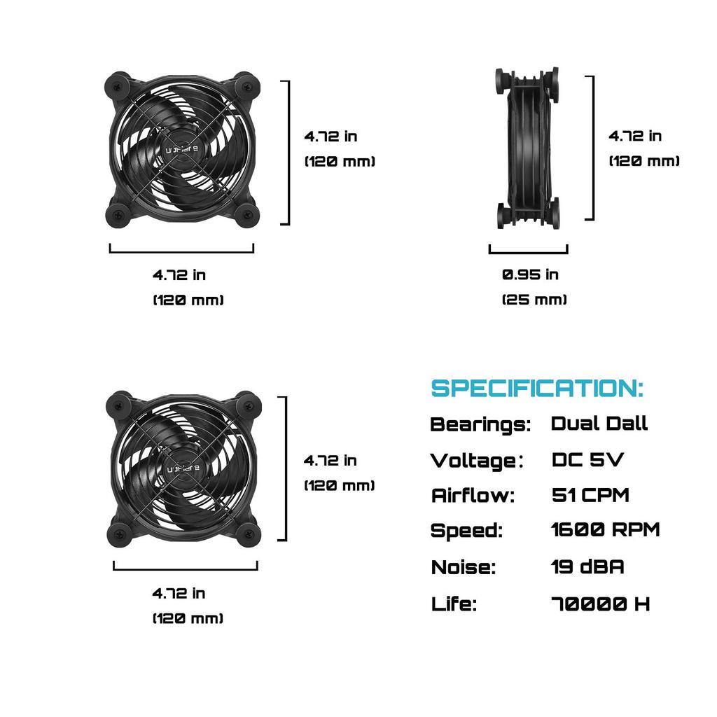 upHere 120mm USB Cooling Fan, Mini Fan, Quiet, for RoutersAquariumsCooling PCsPS5PS4Laptops, 2-Pack [U1203-2]