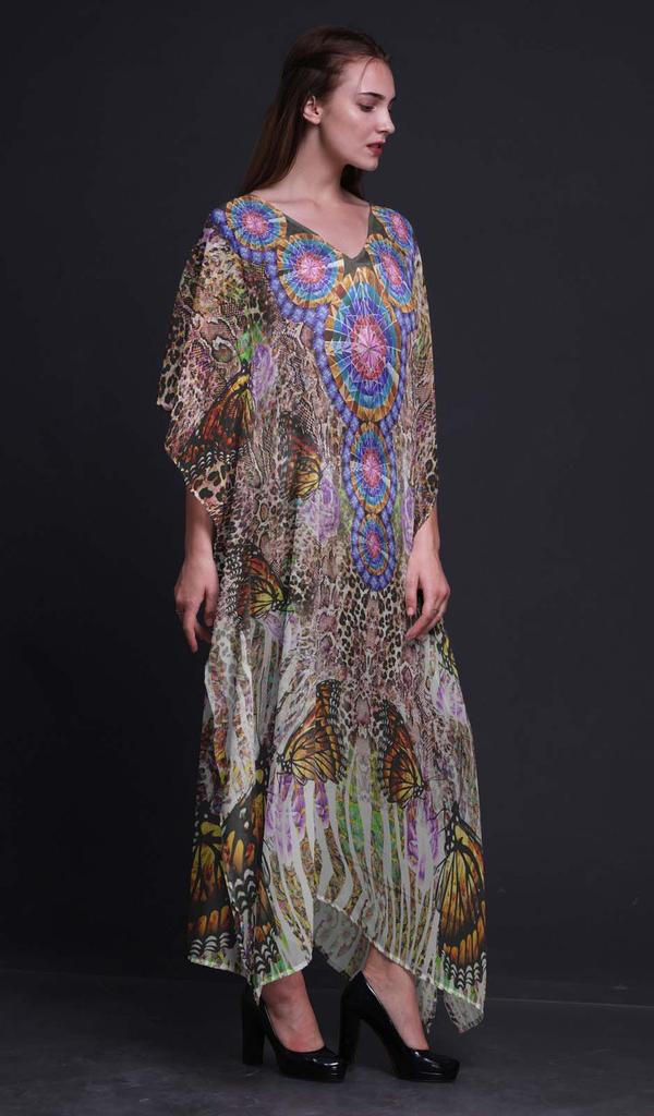 Phagun Butterflies & Leopard Animal Skin Beach Kaftan Bikini Cover Up Womena    S Maxi Dress Long