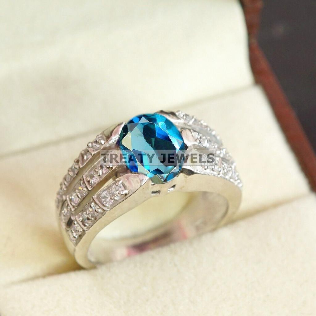 London Blue Topaz Oval Gemstone With 925 Sterling Silver Ring For Men's #B219 JL375675954133